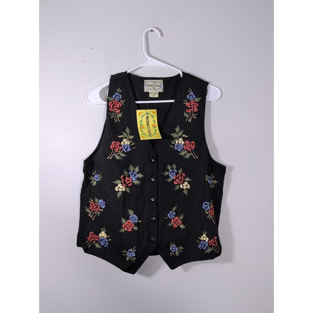 Rosettes Black embroidered floral vest‎ with a touch of whimsy Vtg Look Size M